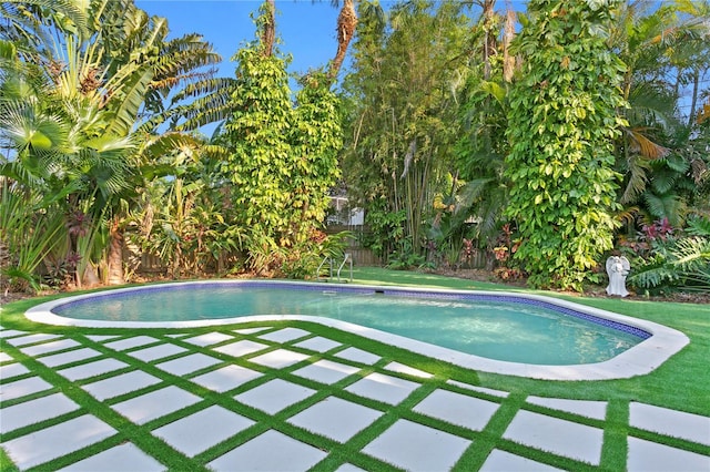 outdoor pool featuring a yard, a patio, and a fenced backyard