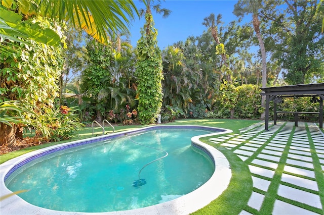 view of swimming pool with a yard