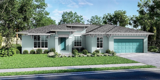 view of front of home featuring concrete driveway, roof with shingles, an attached garage, a front yard, and stucco siding