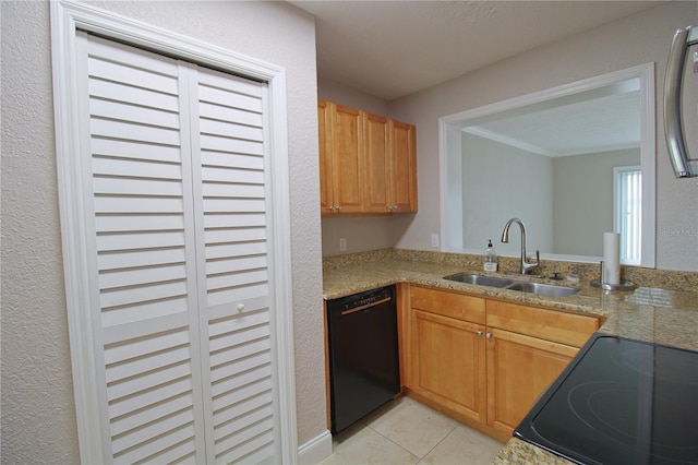 kitchen with light tile patterned floors, electric range, a sink, black dishwasher, and light countertops