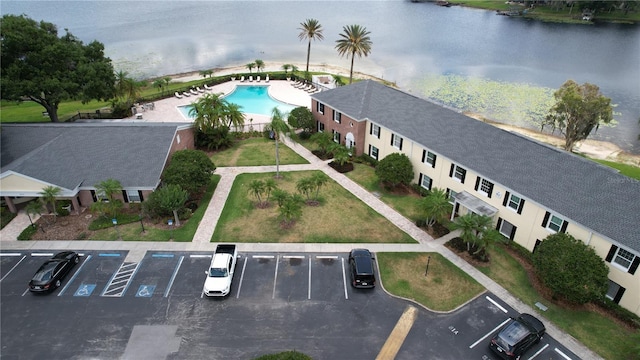 bird's eye view with a water view