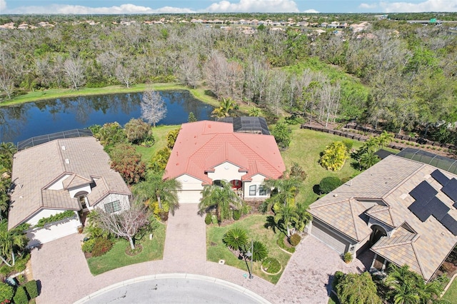 drone / aerial view featuring a water view