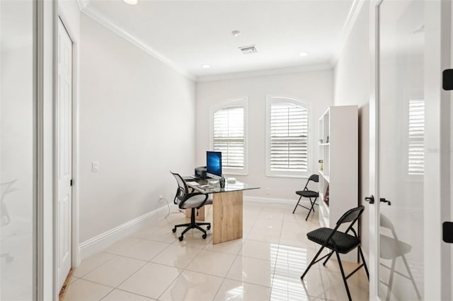 office space featuring light tile patterned floors, visible vents, and crown molding