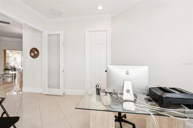 office featuring tile patterned floors, visible vents, baseboards, and ornamental molding