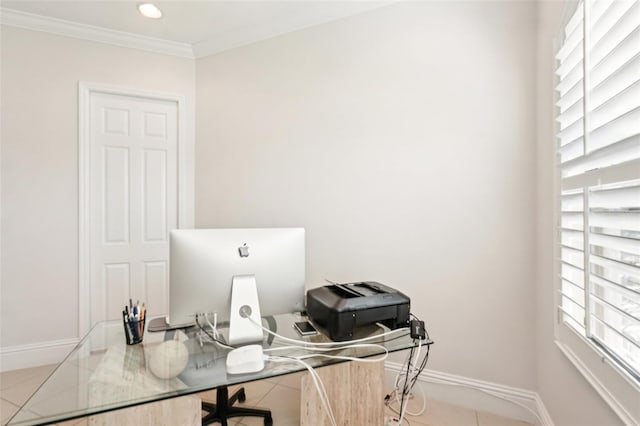 home office featuring recessed lighting, baseboards, ornamental molding, and tile patterned flooring