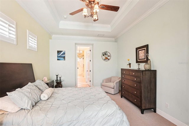 bedroom featuring baseboards, ceiling fan, ornamental molding, a raised ceiling, and light colored carpet