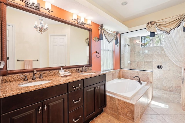 full bathroom featuring a sink, walk in shower, a bath, and double vanity