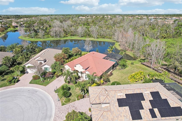 bird's eye view with a water view