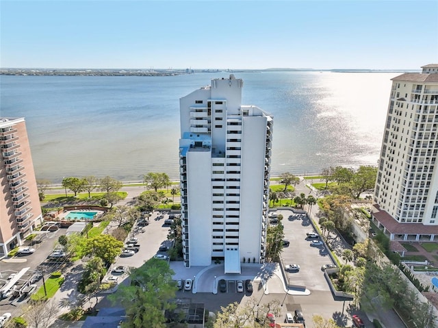 bird's eye view with a water view