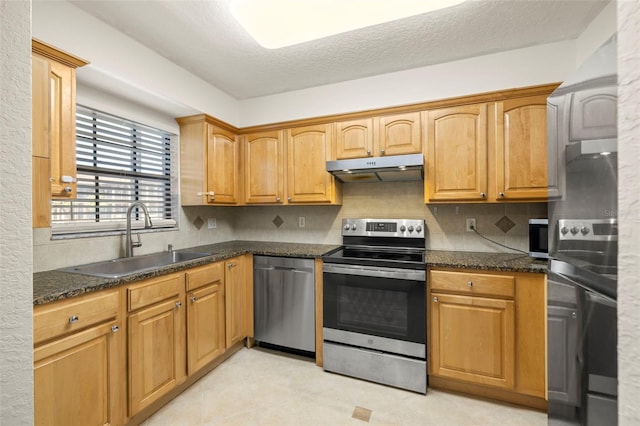 kitchen with tasteful backsplash, under cabinet range hood, appliances with stainless steel finishes, a textured ceiling, and a sink