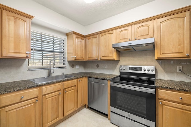 kitchen featuring under cabinet range hood, dark stone countertops, a sink, appliances with stainless steel finishes, and decorative backsplash