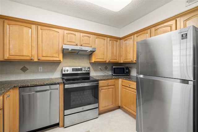 kitchen featuring under cabinet range hood, decorative backsplash, a textured ceiling, and appliances with stainless steel finishes