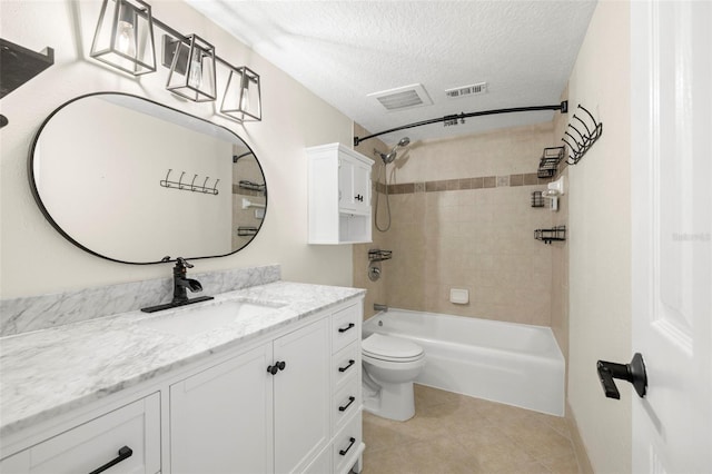 full bathroom with visible vents, toilet, a textured ceiling, and shower / bath combination