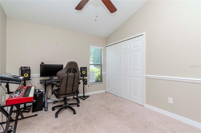 14501 Brambie Ct, Tampa, FL 33624 - carpeted office space featuring baseboards, lofted ceiling, and ceiling fan