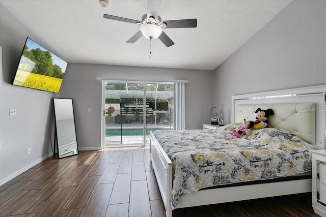 bedroom with access to exterior, dark wood finished floors, baseboards, and ceiling fan