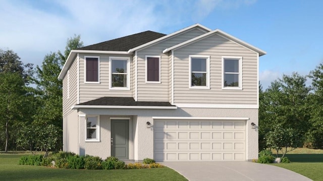 view of front facade featuring a garage, a shingled roof, concrete driveway, and a front yard