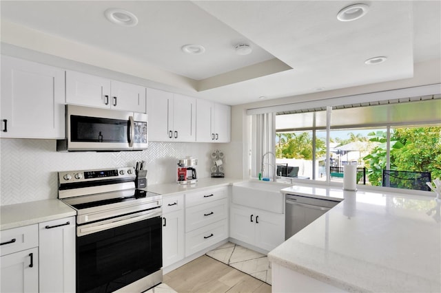 kitchen with stainless steel appliances, a sink, white cabinetry, a tray ceiling, and tasteful backsplash