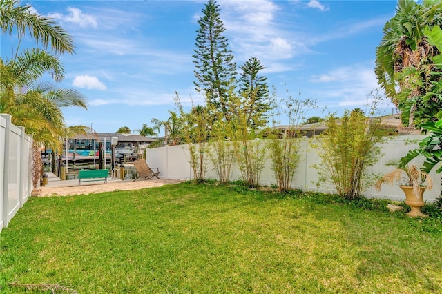 view of yard featuring a dock, a fenced backyard, and boat lift