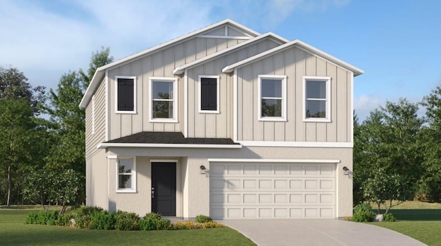 view of front of property with a garage, concrete driveway, board and batten siding, and roof with shingles