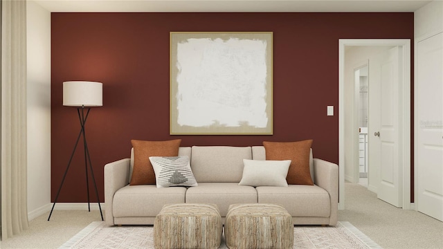 sitting room featuring light carpet and baseboards