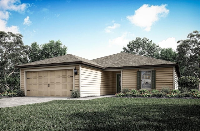 ranch-style house featuring an attached garage, roof with shingles, driveway, and a front lawn