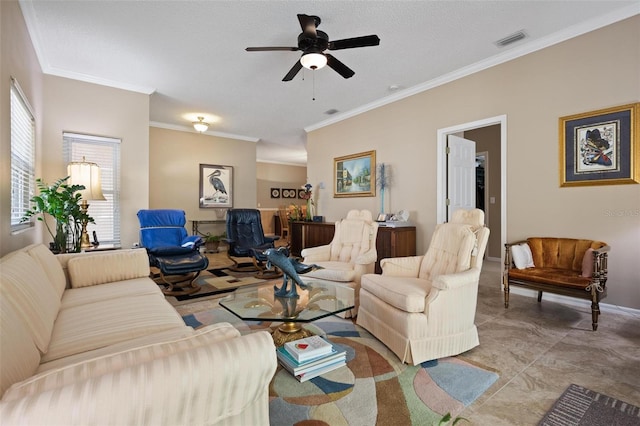 3798 Darston St, Palm Harbor, FL 34685 - living room with ceiling fan, ornamental molding, visible vents, and baseboards