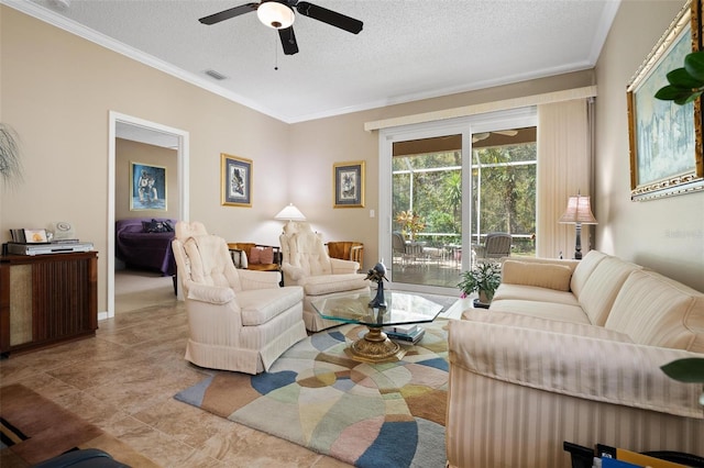 3798 Darston St, Palm Harbor, FL 34685 - living room featuring a textured ceiling, visible vents, and crown molding