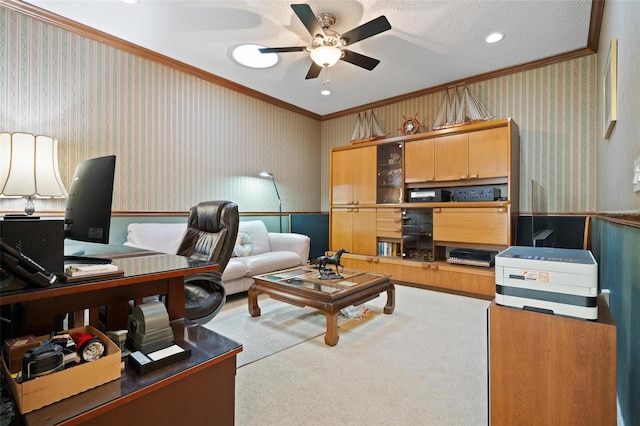 3798 Darston St, Palm Harbor, FL 34685 - carpeted home office with wallpapered walls, a ceiling fan, crown molding, and recessed lighting