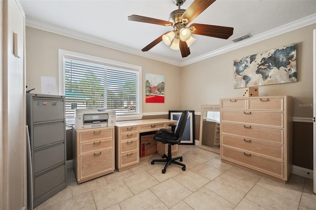 office featuring light tile patterned floors, visible vents, and ornamental molding