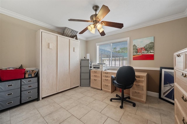 office featuring ceiling fan, light tile patterned floors, baseboards, and crown molding