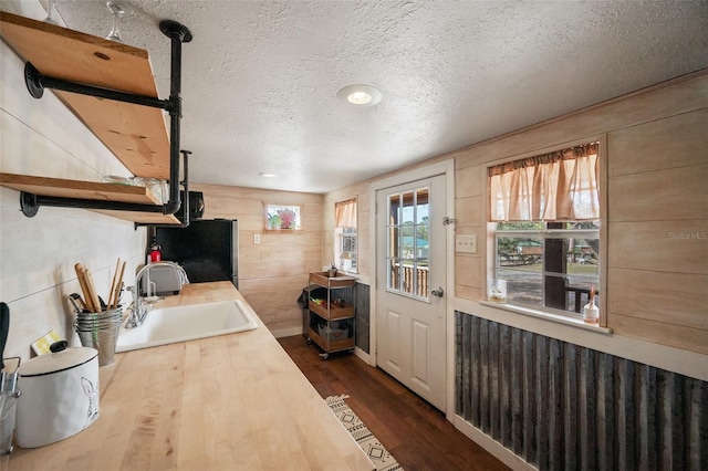 kitchen featuring dark wood-style flooring, freestanding refrigerator, a textured ceiling, wooden counters, and a sink