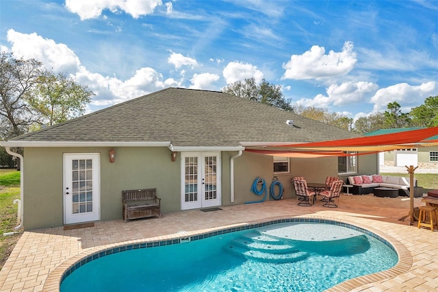 back of property featuring a patio area, stucco siding, an outdoor living space, and french doors