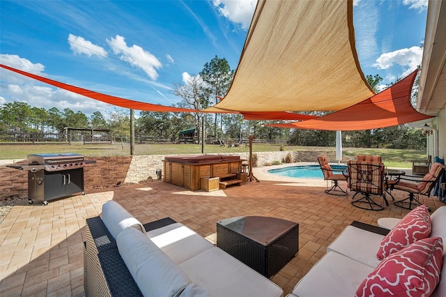 view of patio / terrace with outdoor dining area, a grill, an outdoor living space, and a hot tub