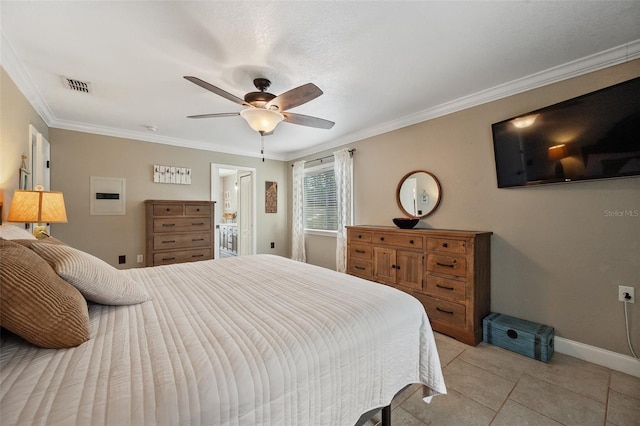 bedroom with light tile patterned floors, ceiling fan, visible vents, baseboards, and ornamental molding