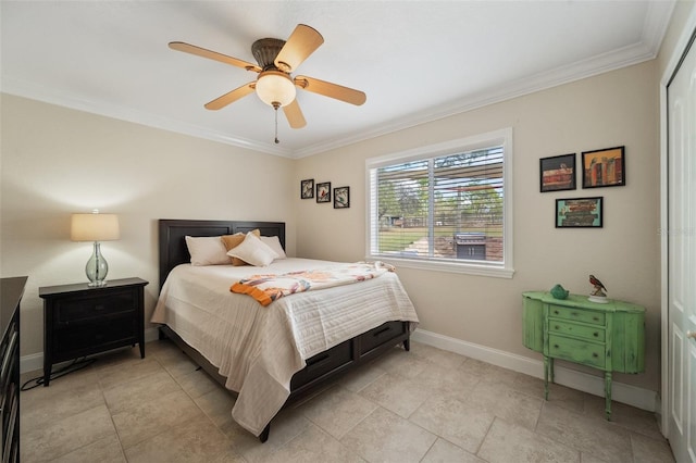 bedroom with ornamental molding, a ceiling fan, and baseboards