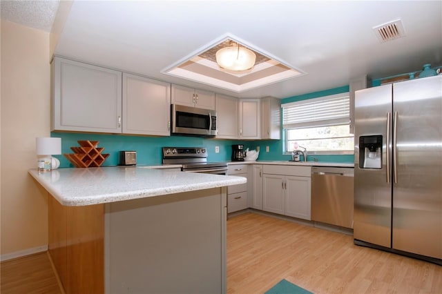 kitchen featuring a peninsula, stainless steel appliances, light countertops, light wood-type flooring, and a sink