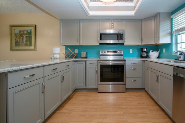 kitchen featuring a sink, a tray ceiling, appliances with stainless steel finishes, and gray cabinets