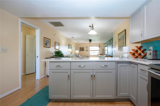 kitchen featuring visible vents, a peninsula, gray cabinetry, and stainless steel electric stove