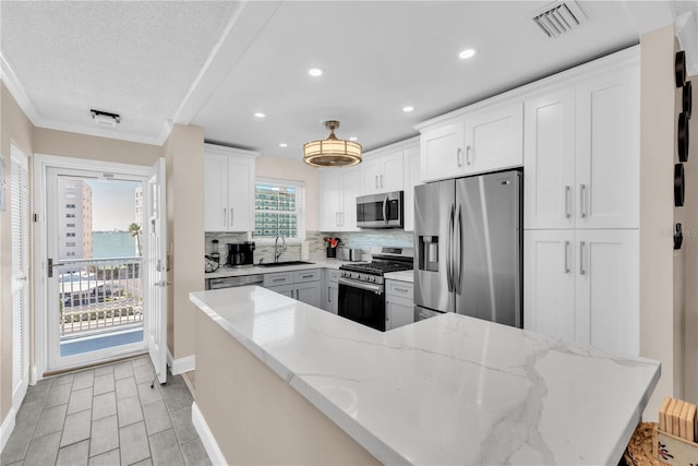 kitchen featuring tasteful backsplash, visible vents, appliances with stainless steel finishes, white cabinetry, and a sink