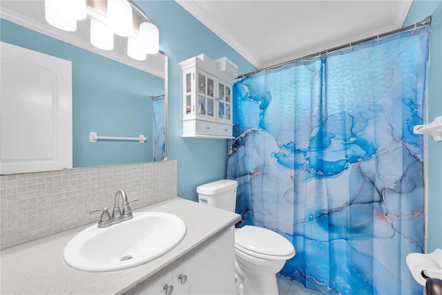 bathroom featuring crown molding, tasteful backsplash, a shower with shower curtain, toilet, and vanity