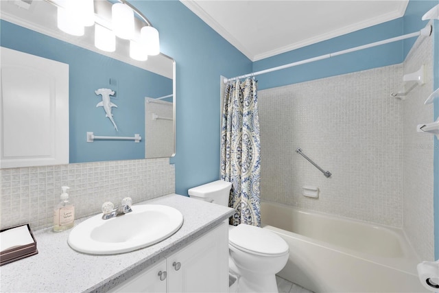 full bath featuring toilet, vanity, ornamental molding, decorative backsplash, and shower / bath combination with curtain