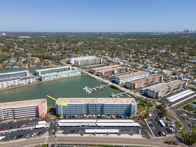 drone / aerial view with a water view and a city view