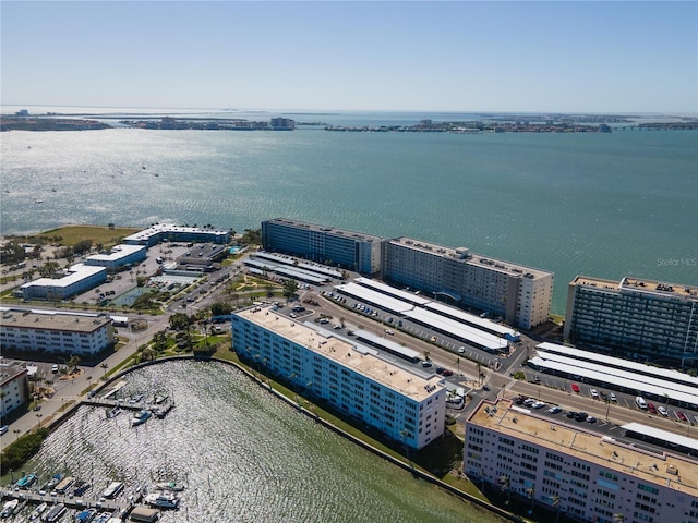 bird's eye view with a water view and a view of city