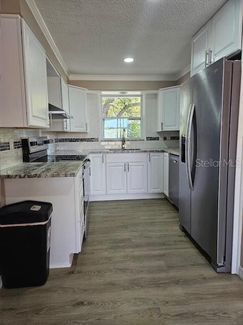 kitchen with dark wood-style floors, appliances with stainless steel finishes, a sink, and white cabinets