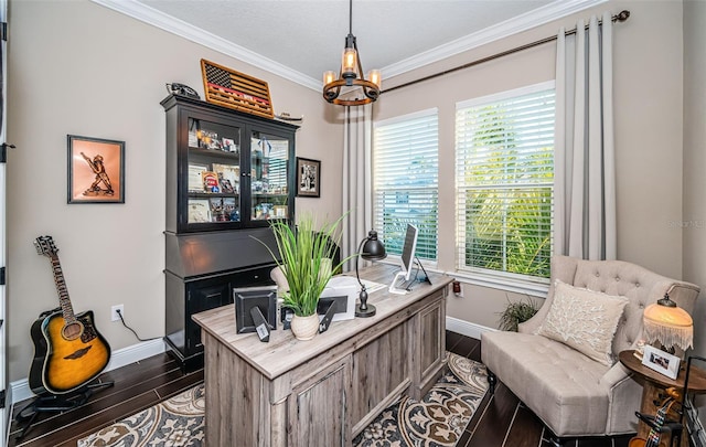 office area with dark wood-style floors, baseboards, a chandelier, and crown molding