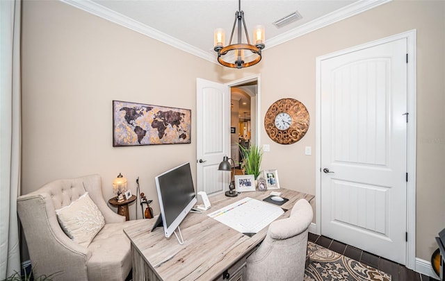 office space with arched walkways, visible vents, dark wood finished floors, ornamental molding, and a chandelier