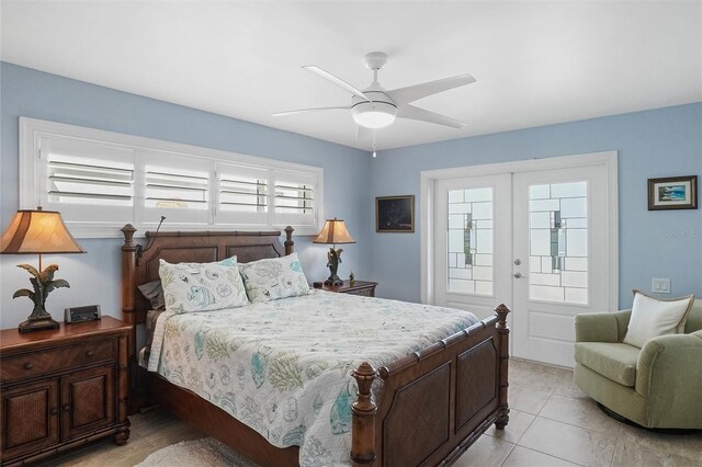 bedroom with light tile patterned flooring, french doors, and ceiling fan