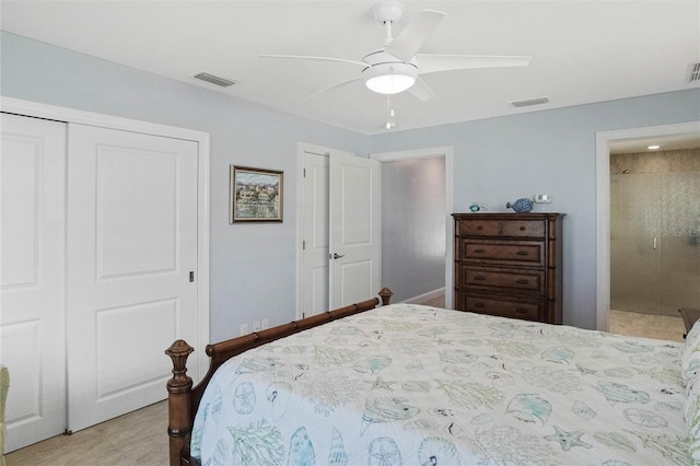 bedroom featuring visible vents, connected bathroom, and a ceiling fan