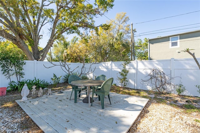 view of patio / terrace featuring a deck, outdoor dining area, and a fenced backyard