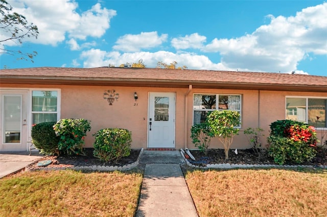 property entrance featuring a yard and stucco siding